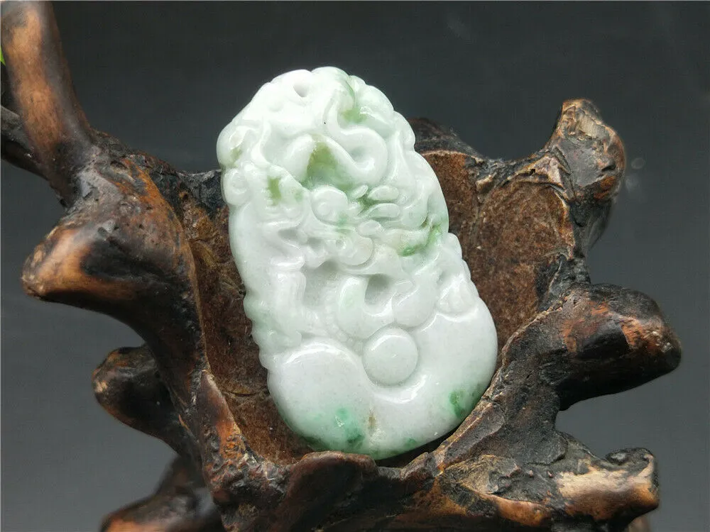 10% OFF- Certified Natural Icy Jadeite Emerald Jade HandCarved Tablet Lucky Dragon Pendant A1940