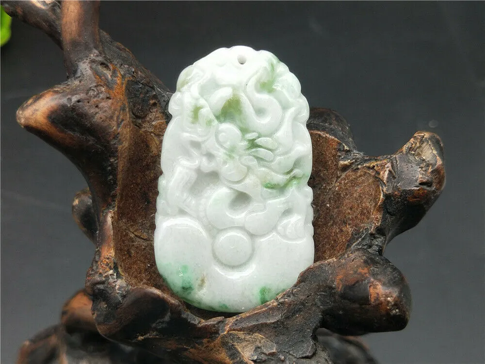 10% OFF- Certified Natural Icy Jadeite Emerald Jade HandCarved Tablet Lucky Dragon Pendant A1940