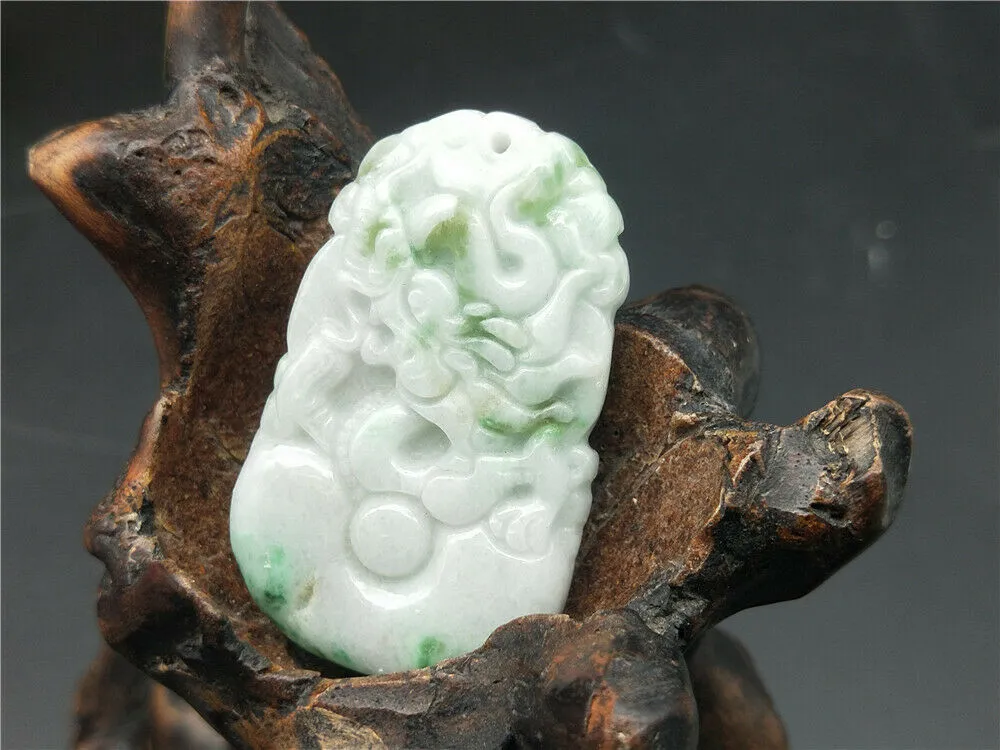 10% OFF- Certified Natural Icy Jadeite Emerald Jade HandCarved Tablet Lucky Dragon Pendant A1940