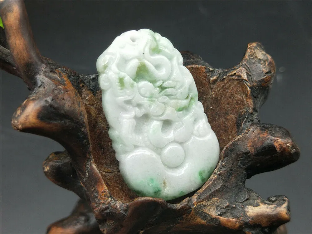 10% OFF- Certified Natural Icy Jadeite Emerald Jade HandCarved Tablet Lucky Dragon Pendant A1940