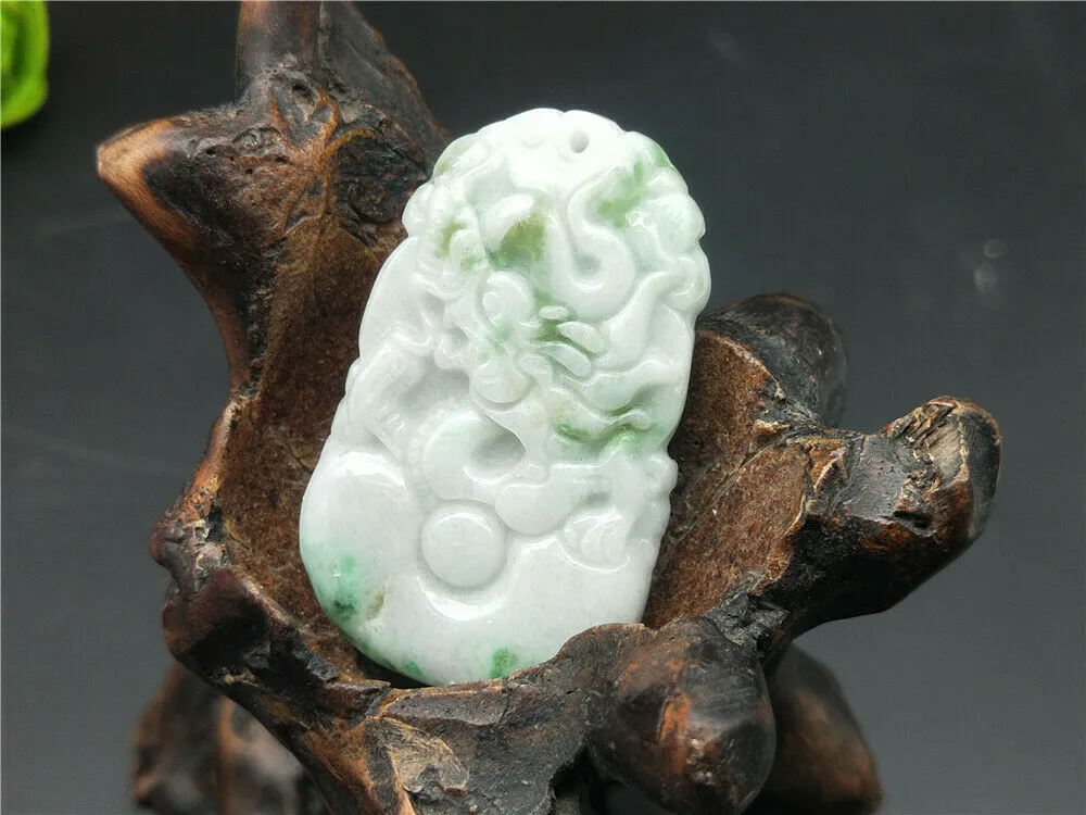 10% OFF- Certified Natural Icy Jadeite Emerald Jade HandCarved Tablet Lucky Dragon Pendant A1940
