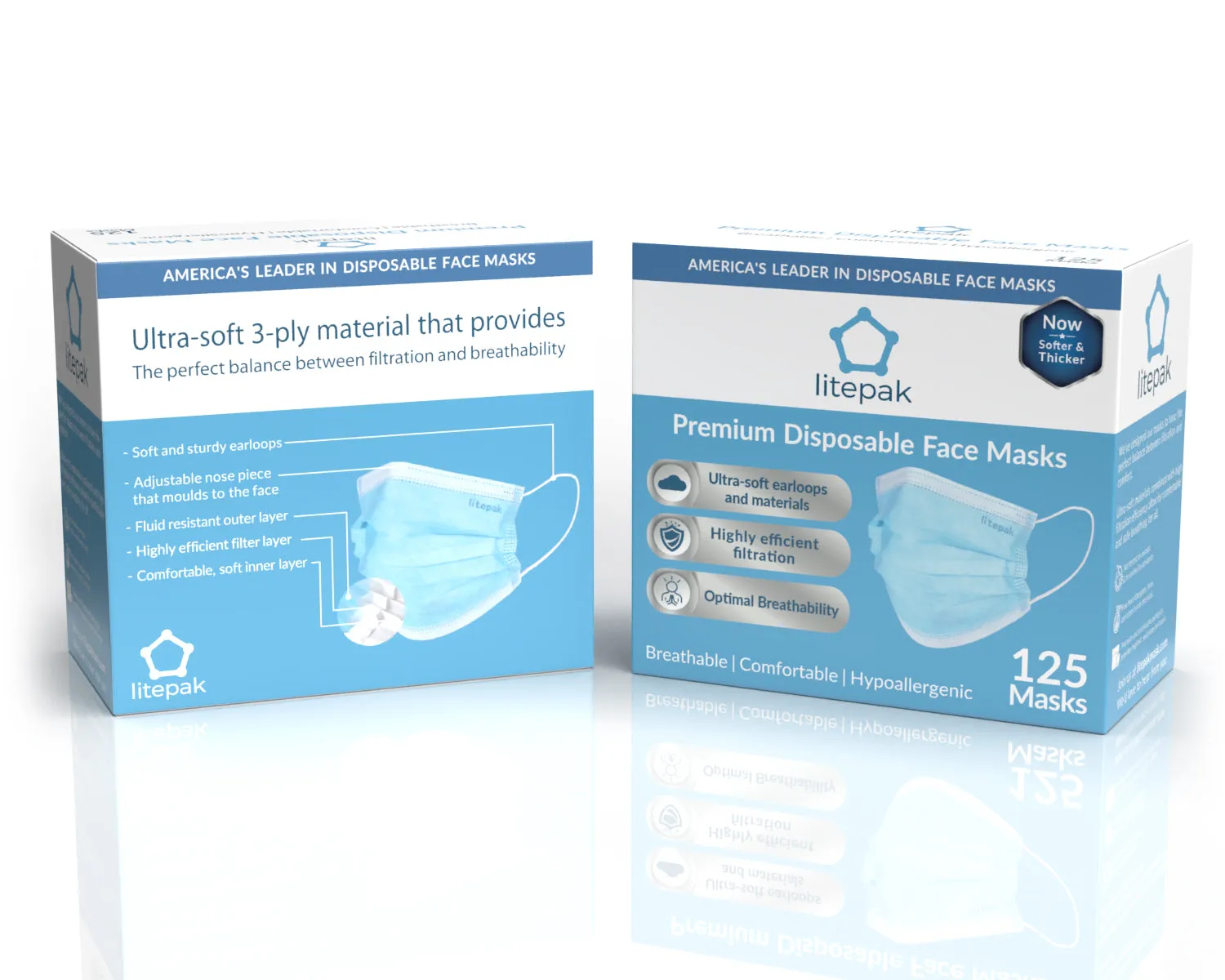 125 Masks- Litepak Premium-Grade Disposable 3-Ply Face Mask