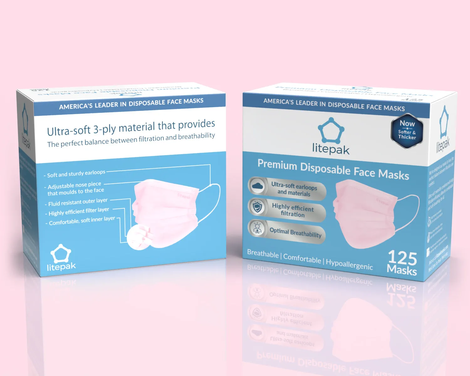 125 Masks- Litepak Premium-Grade Disposable 3-Ply Face Mask