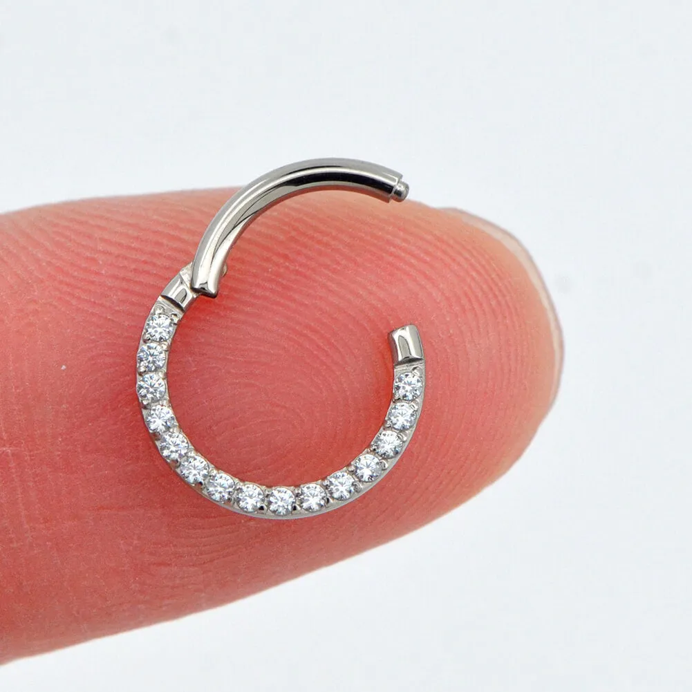 16G Crystal CZ Titanium Hinged Segment Septum Ring