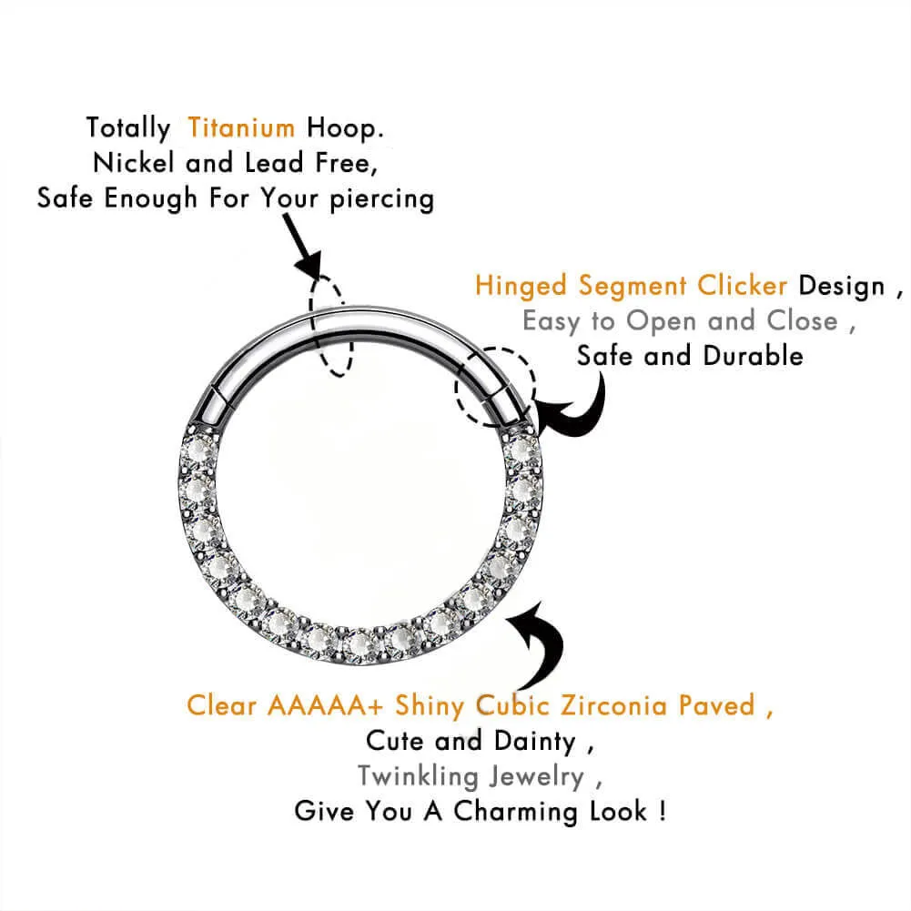 16G Crystal CZ Titanium Hinged Segment Septum Ring