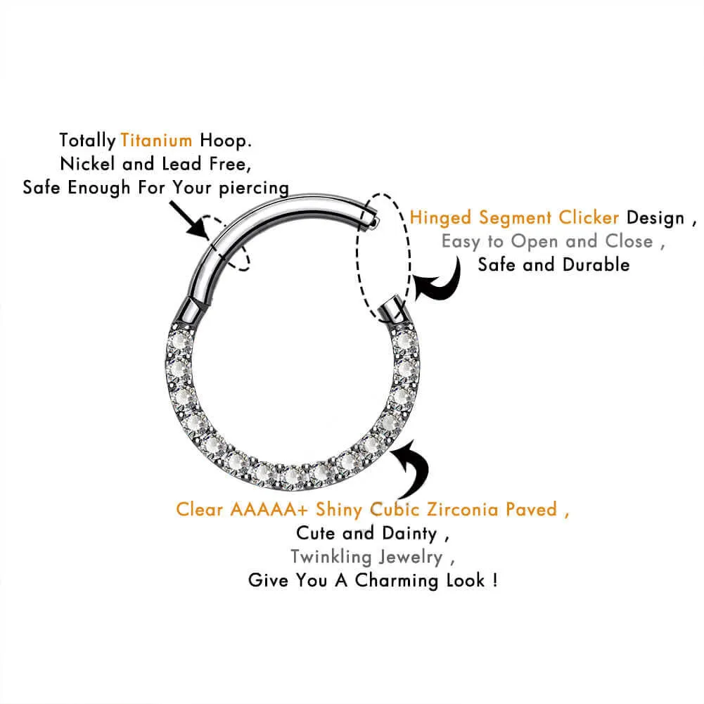 16G Crystal CZ Titanium Hinged Segment Septum Ring