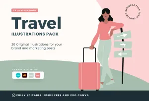 20 Unique Travel Illustrations Fully Editable in Canva