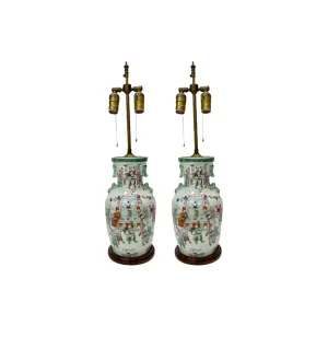 A Pair, Antique Chinoiserie Porcelain Lamps