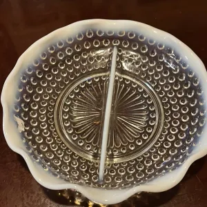 Anchor Hocking Moonstone Divided Bowl. Milk Glass and Clear Glass Hobnail Pattern Shallow Dish