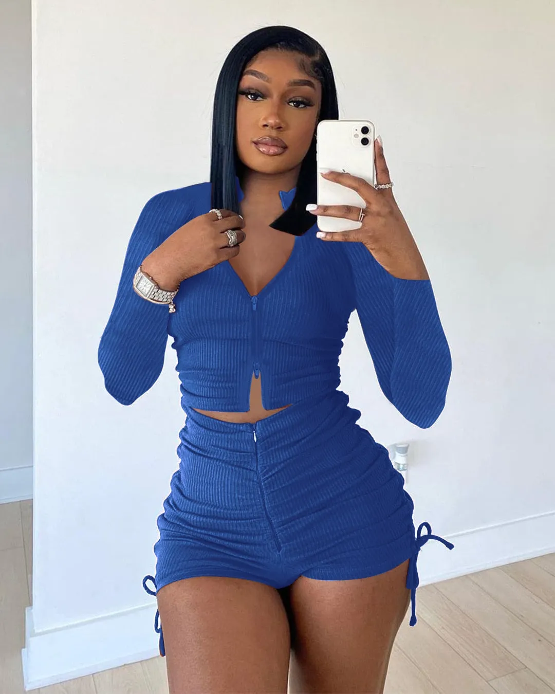 Autumn Knitted 2 Piece Short Sets Women Long Sleeve Zipper Up Crop Top and Tight Biker Shorts Casual Solid Clothes Streetwear