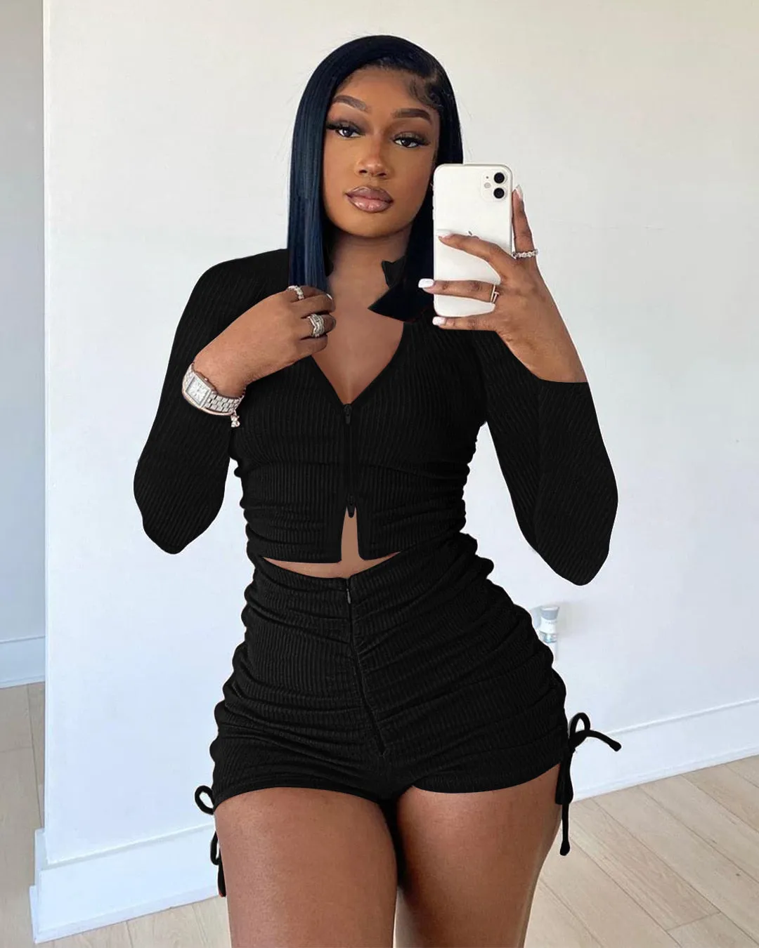 Autumn Knitted 2 Piece Short Sets Women Long Sleeve Zipper Up Crop Top and Tight Biker Shorts Casual Solid Clothes Streetwear