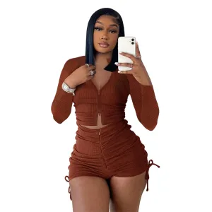 Autumn Knitted 2 Piece Short Sets Women Long Sleeve Zipper Up Crop Top and Tight Biker Shorts Casual Solid Clothes Streetwear