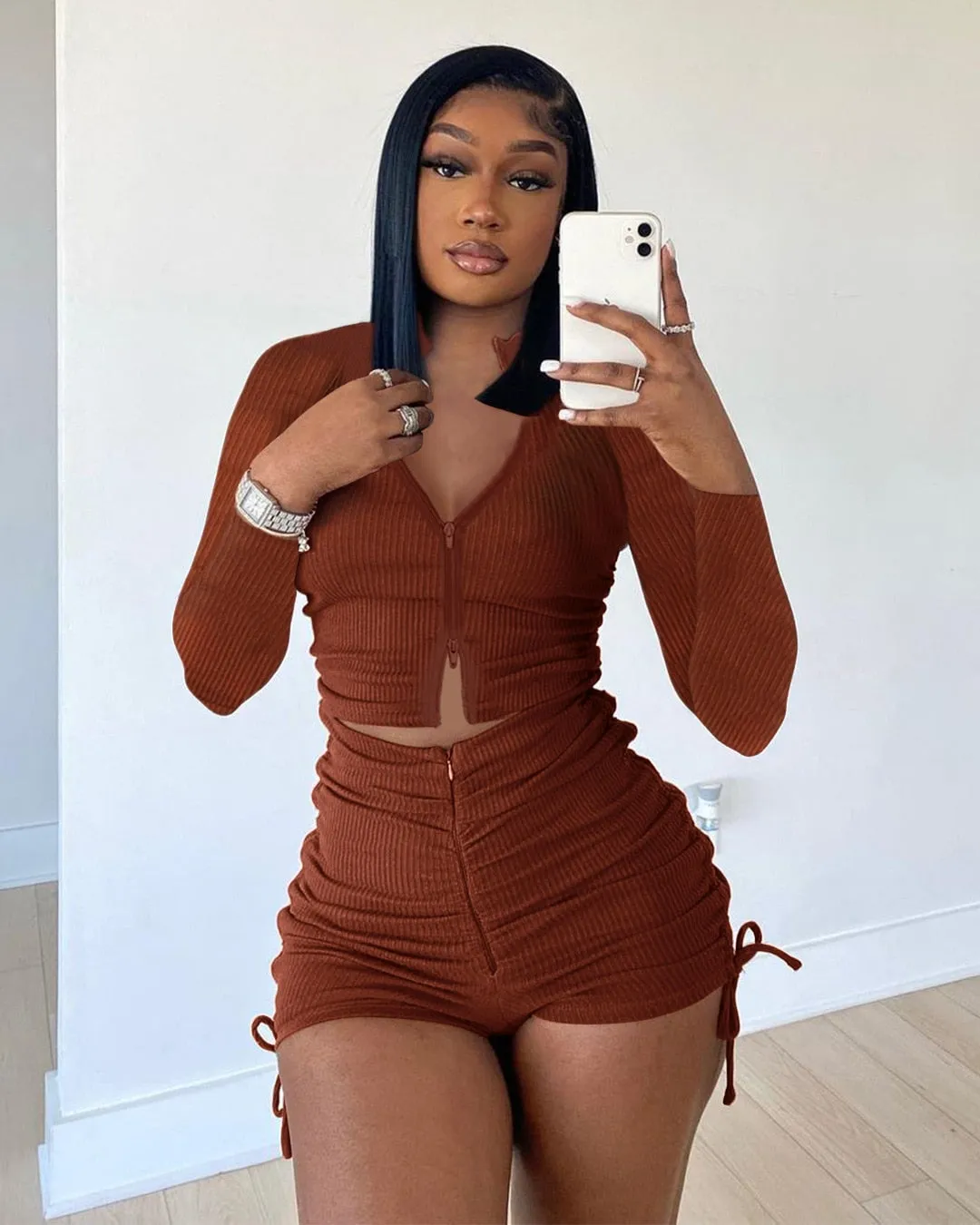 Autumn Knitted 2 Piece Short Sets Women Long Sleeve Zipper Up Crop Top and Tight Biker Shorts Casual Solid Clothes Streetwear