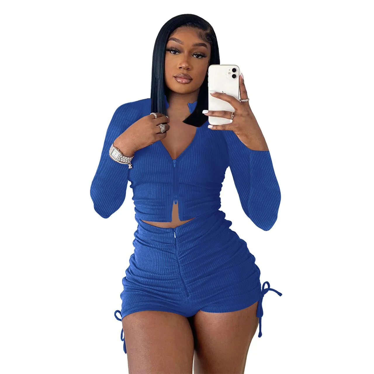 Autumn Knitted 2 Piece Short Sets Women Long Sleeve Zipper Up Crop Top and Tight Biker Shorts Casual Solid Clothes Streetwear