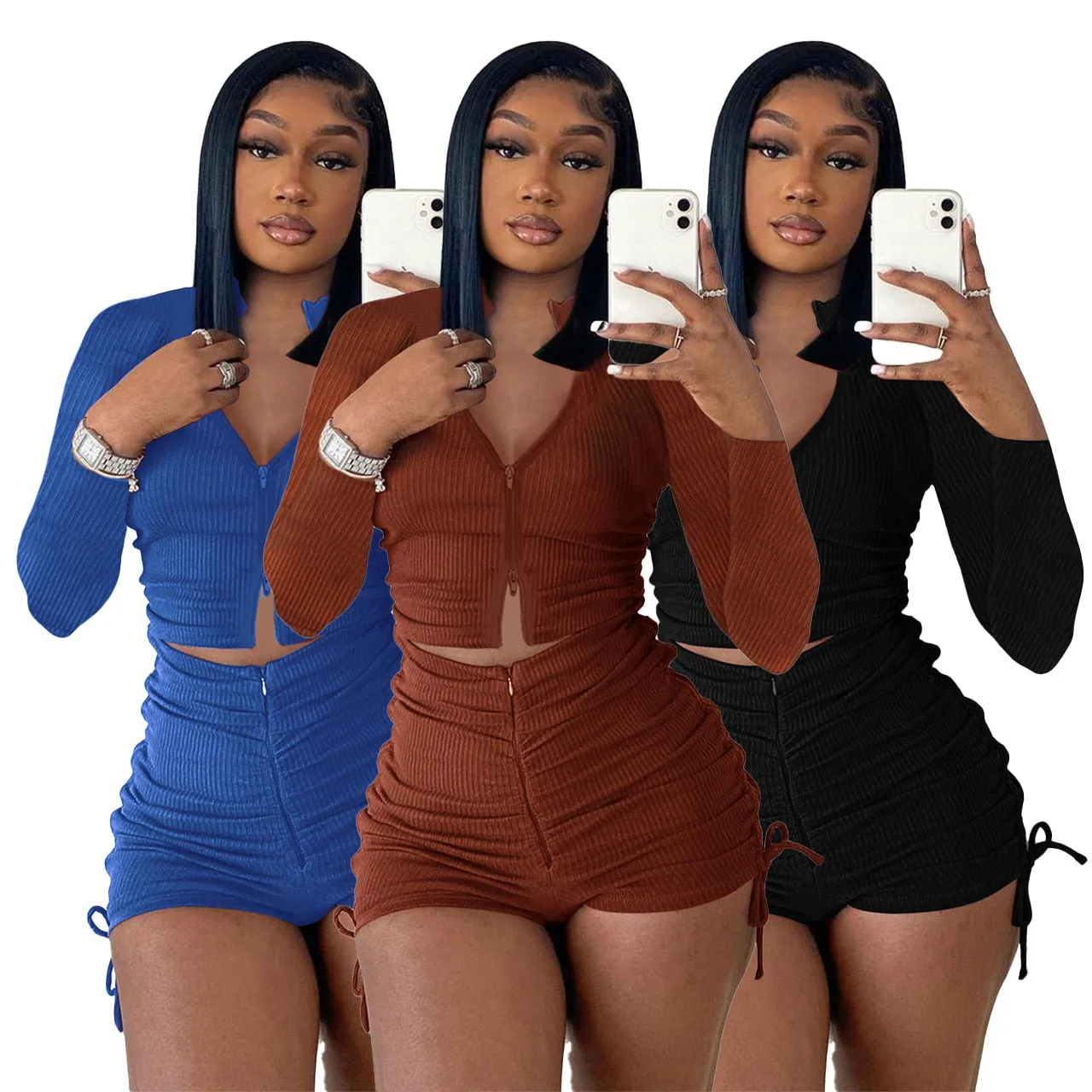 Autumn Knitted 2 Piece Short Sets Women Long Sleeve Zipper Up Crop Top and Tight Biker Shorts Casual Solid Clothes Streetwear
