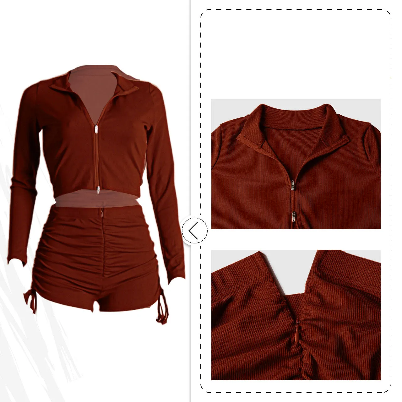 Autumn Knitted 2 Piece Short Sets Women Long Sleeve Zipper Up Crop Top and Tight Biker Shorts Casual Solid Clothes Streetwear