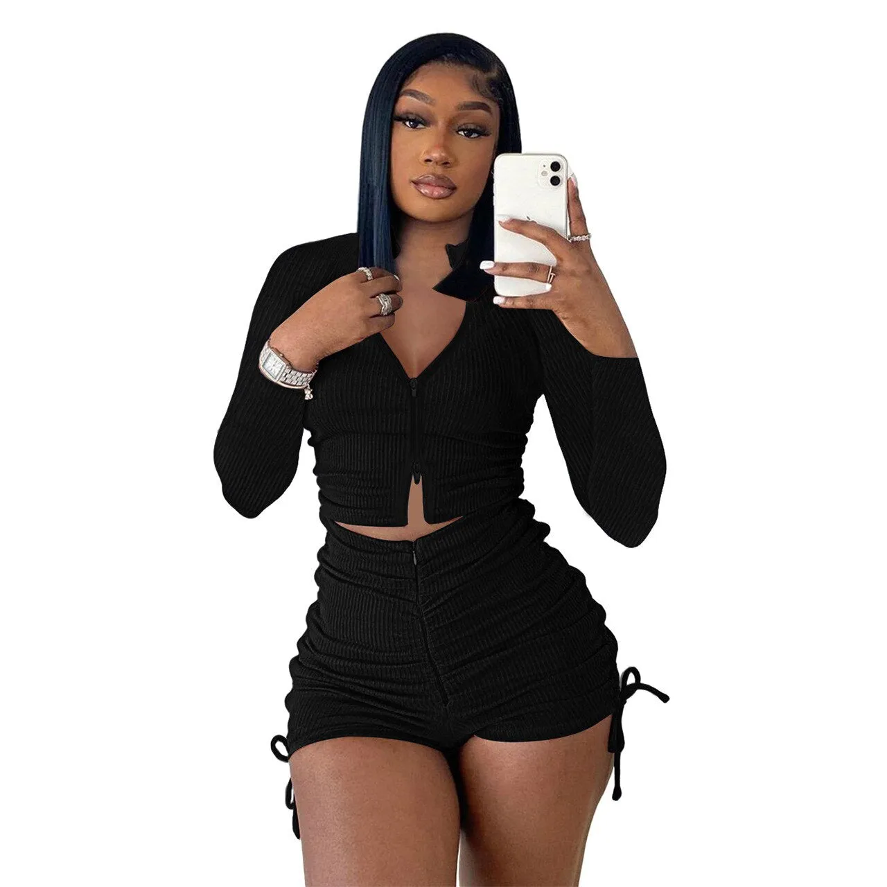 Autumn Knitted 2 Piece Short Sets Women Long Sleeve Zipper Up Crop Top and Tight Biker Shorts Casual Solid Clothes Streetwear