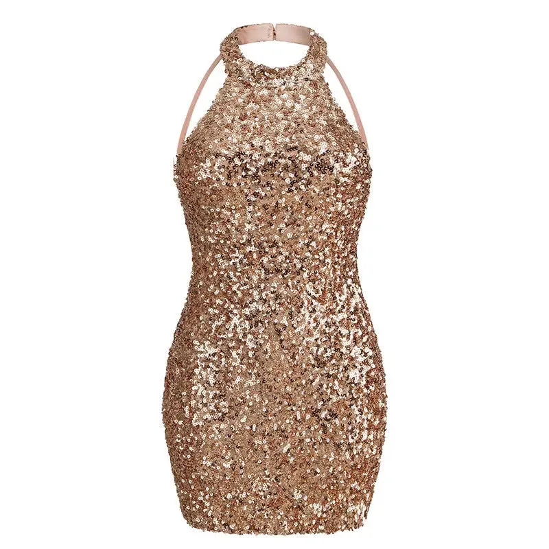 Backless Halter Mini Dress - Sequined Party Dress for Ladies