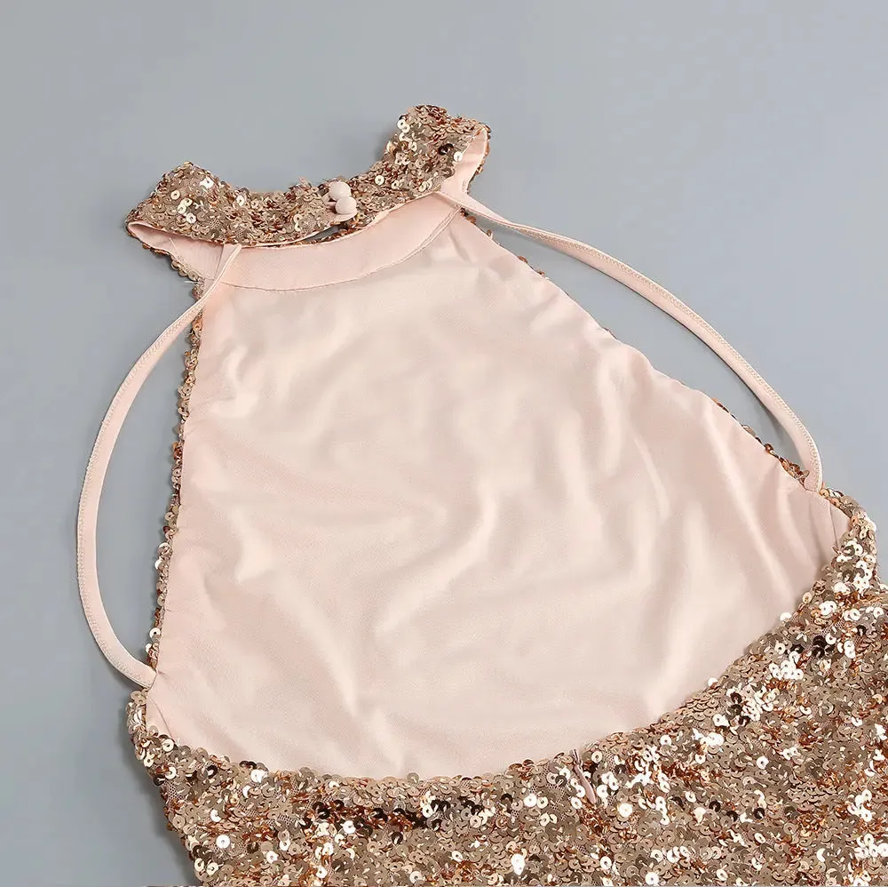 Backless Halter Mini Dress - Sequined Party Dress for Ladies
