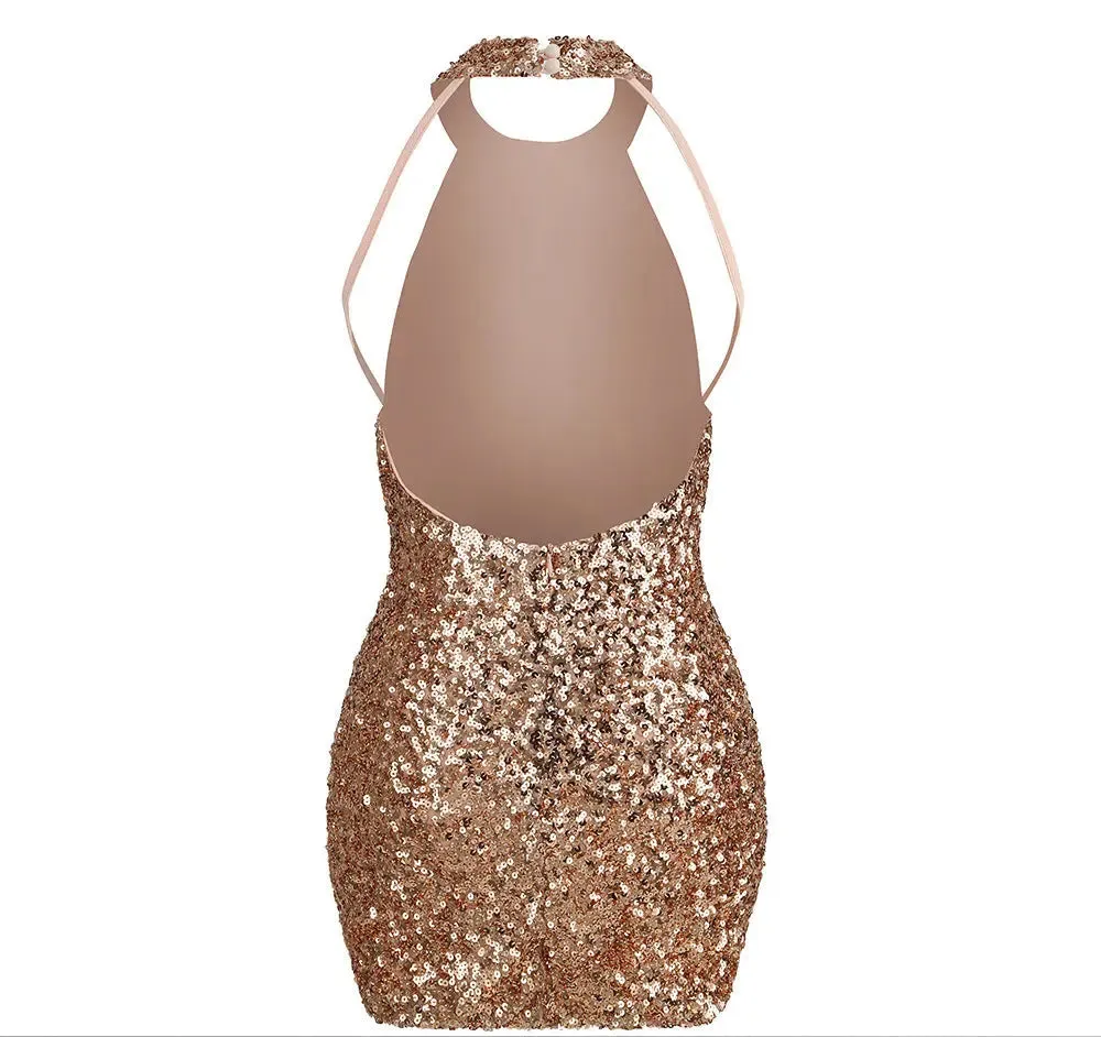 Backless Halter Mini Dress - Sequined Party Dress for Ladies