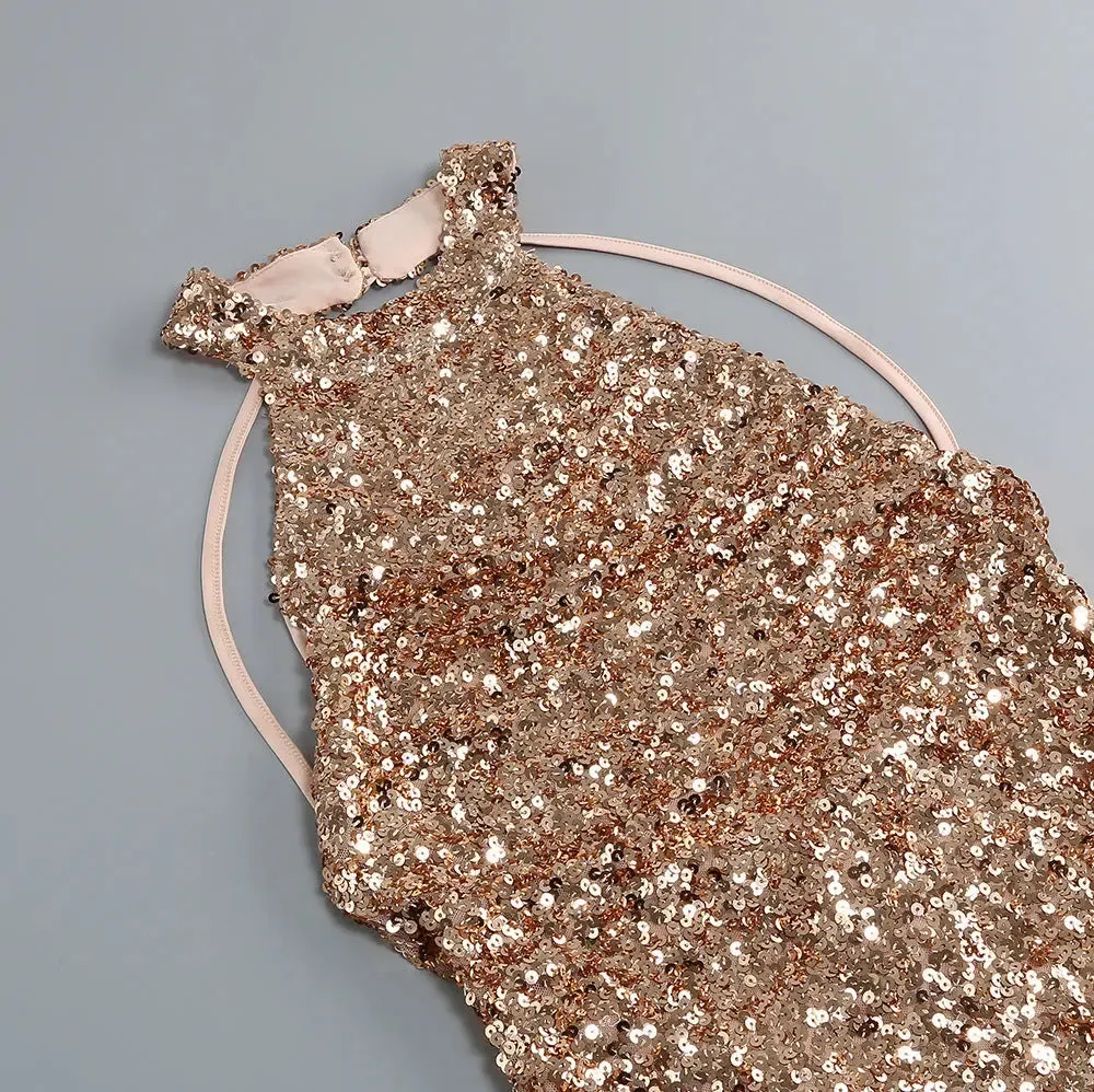 Backless Halter Mini Dress - Sequined Party Dress for Ladies