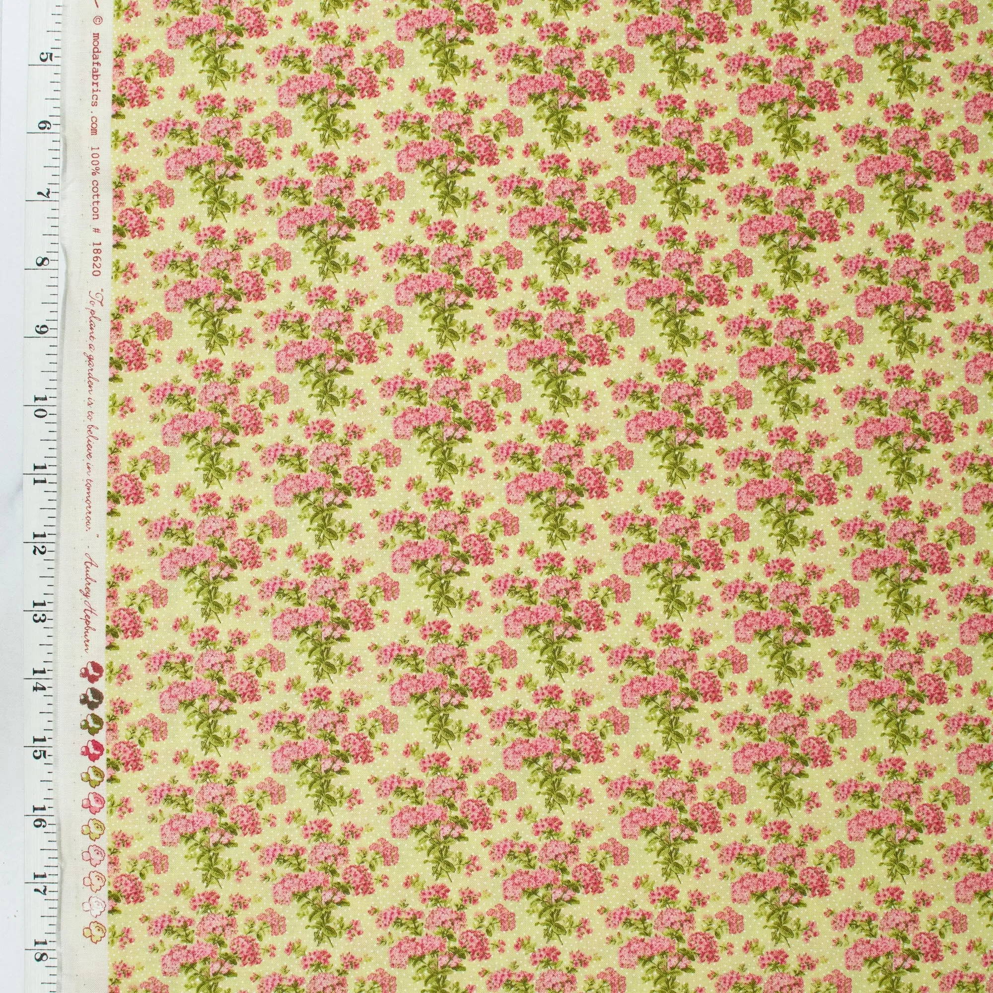 Bespoke Blooms by Brenda Riddle Acorn Quilts - Pink Hydrangea on Sprout Yellow Color Background