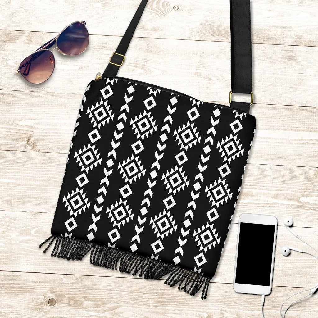 Black and White Ethnic Tribal Pattern on Crossbody Boho Bag With Fringe Bottom