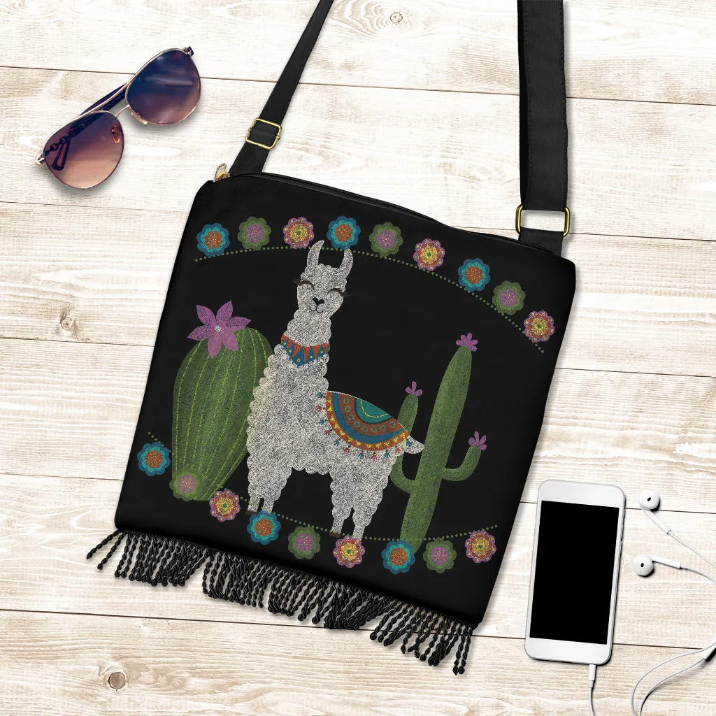 Black With Chalky Style Llama Design Cactus Flowers