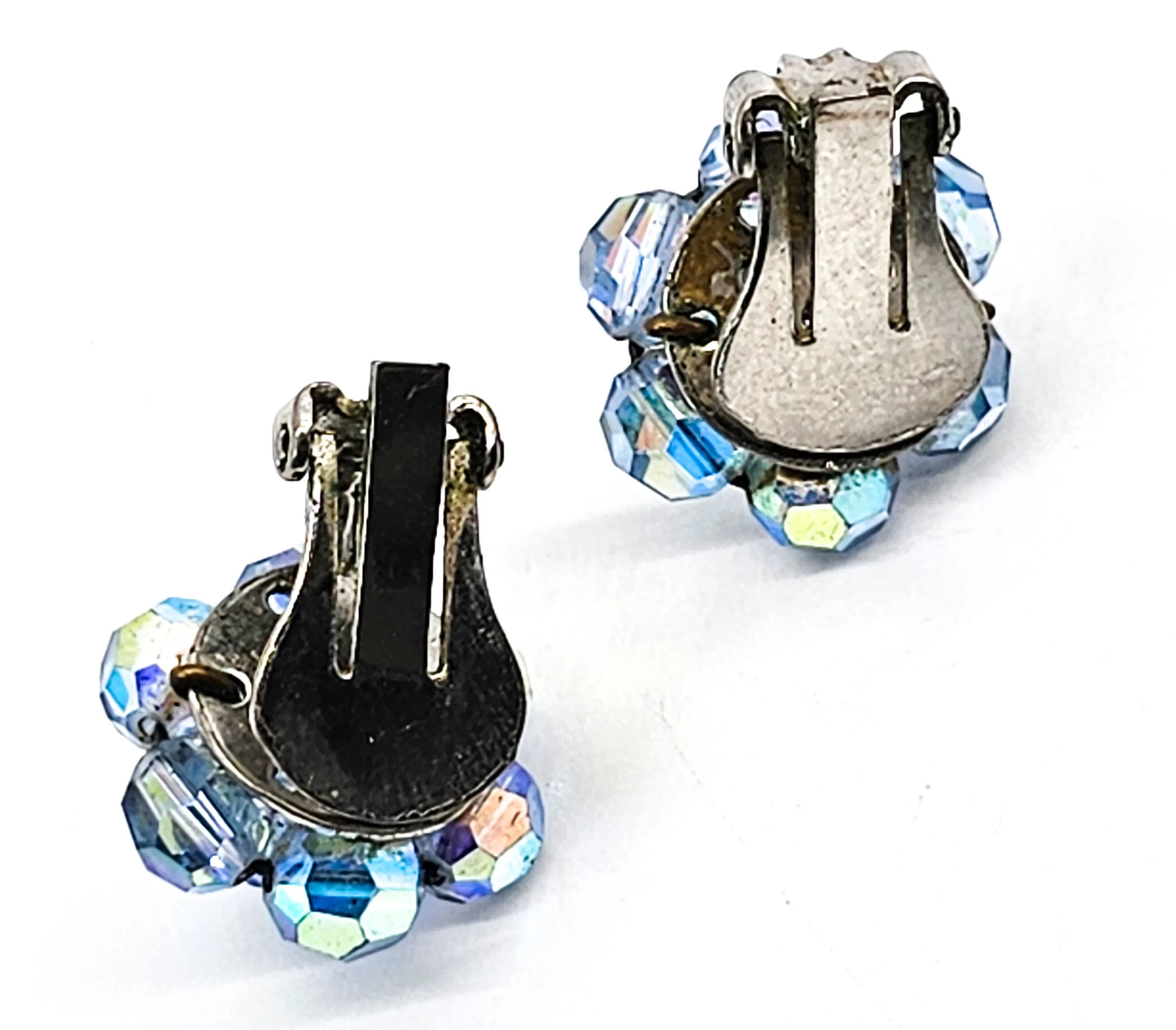 Blue Austrian Crystal Aurora Borealis Beaded vintage clip on earrings