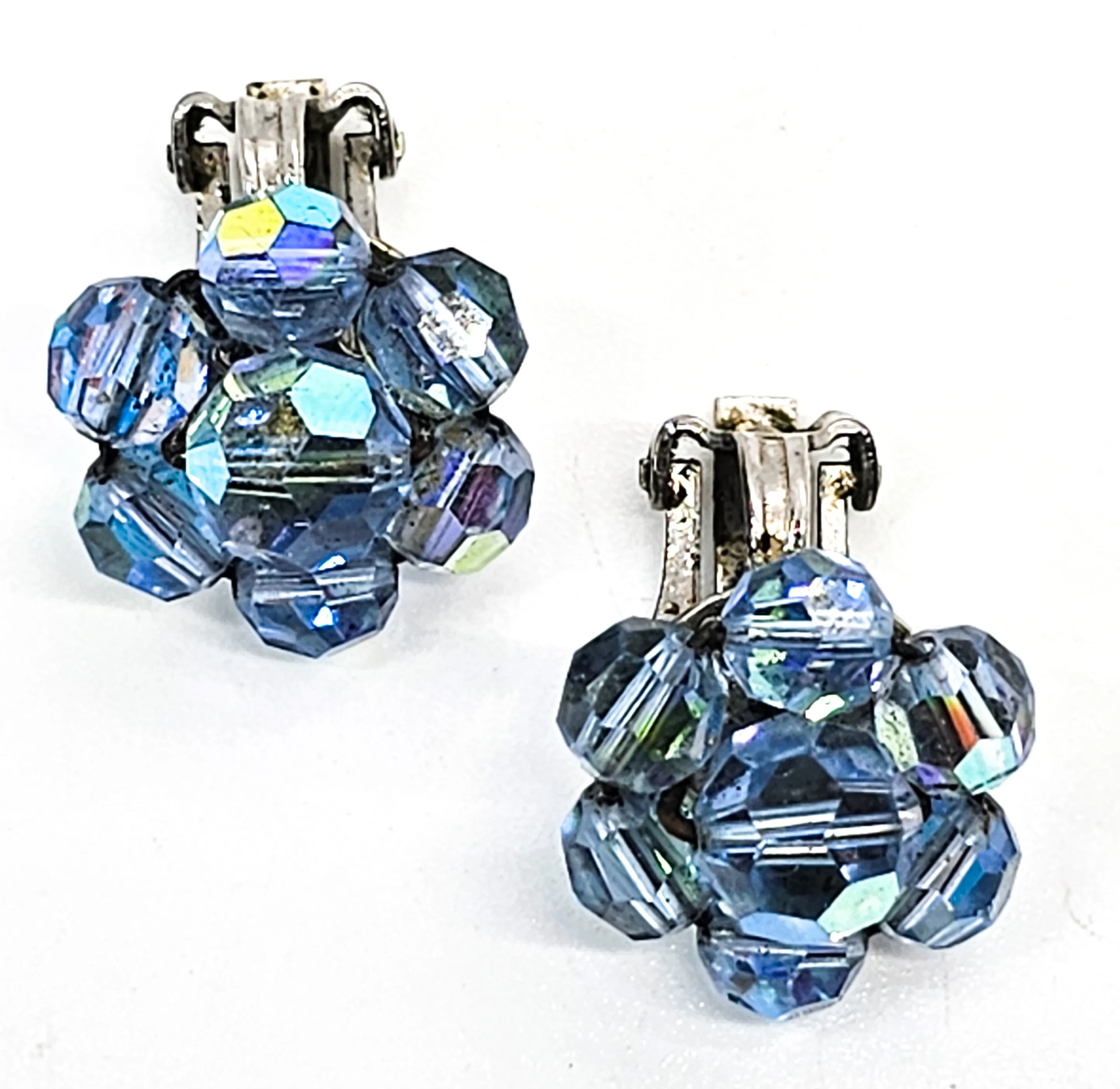 Blue Austrian Crystal Aurora Borealis Beaded vintage clip on earrings