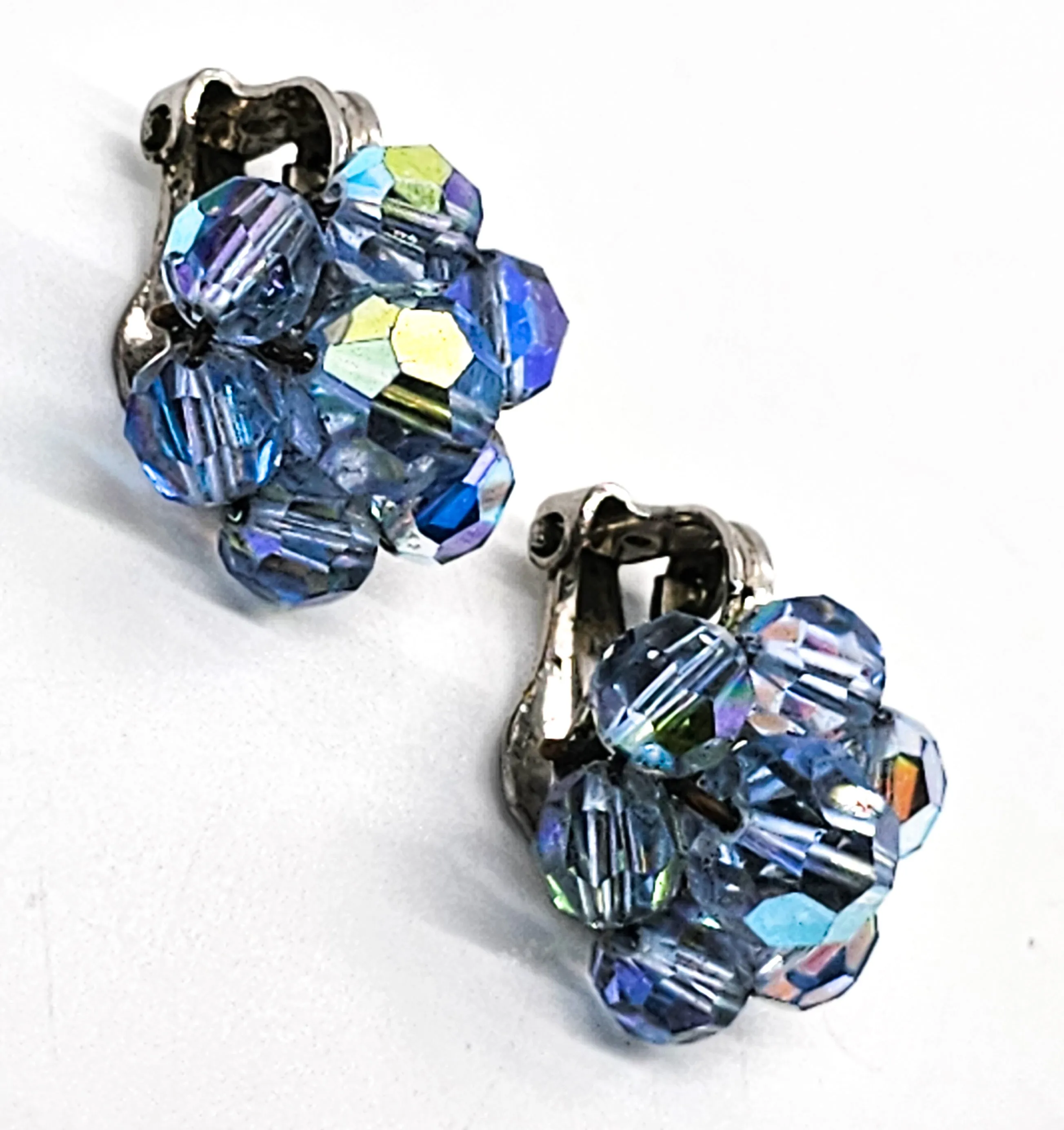 Blue Austrian Crystal Aurora Borealis Beaded vintage clip on earrings