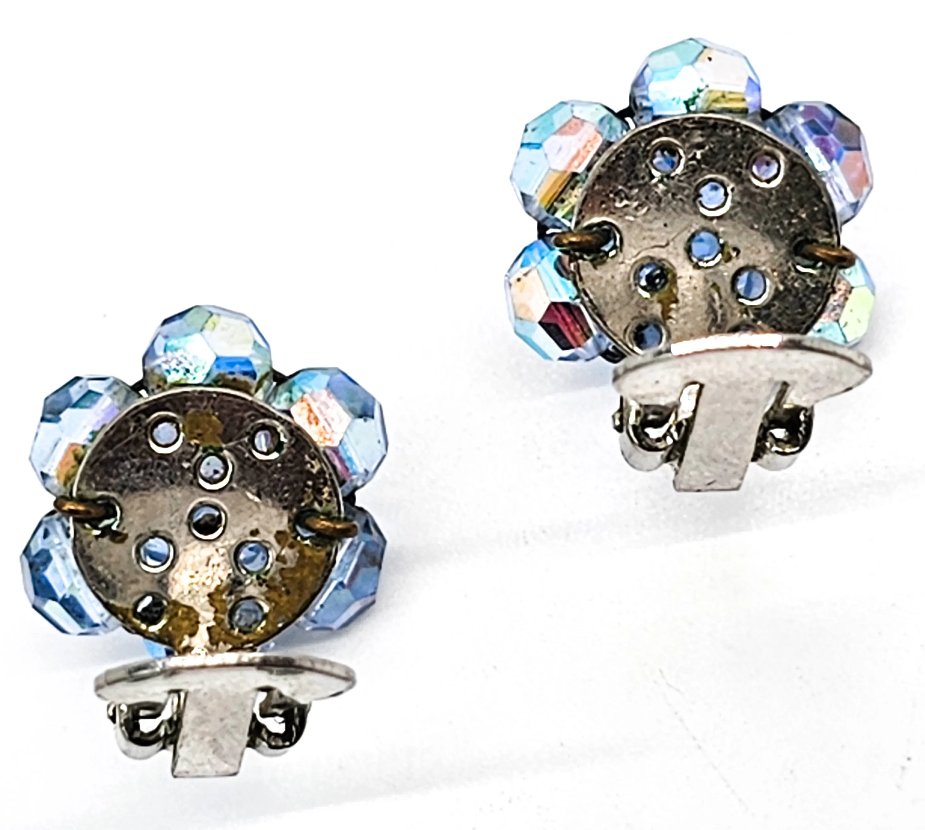 Blue Austrian Crystal Aurora Borealis Beaded vintage clip on earrings