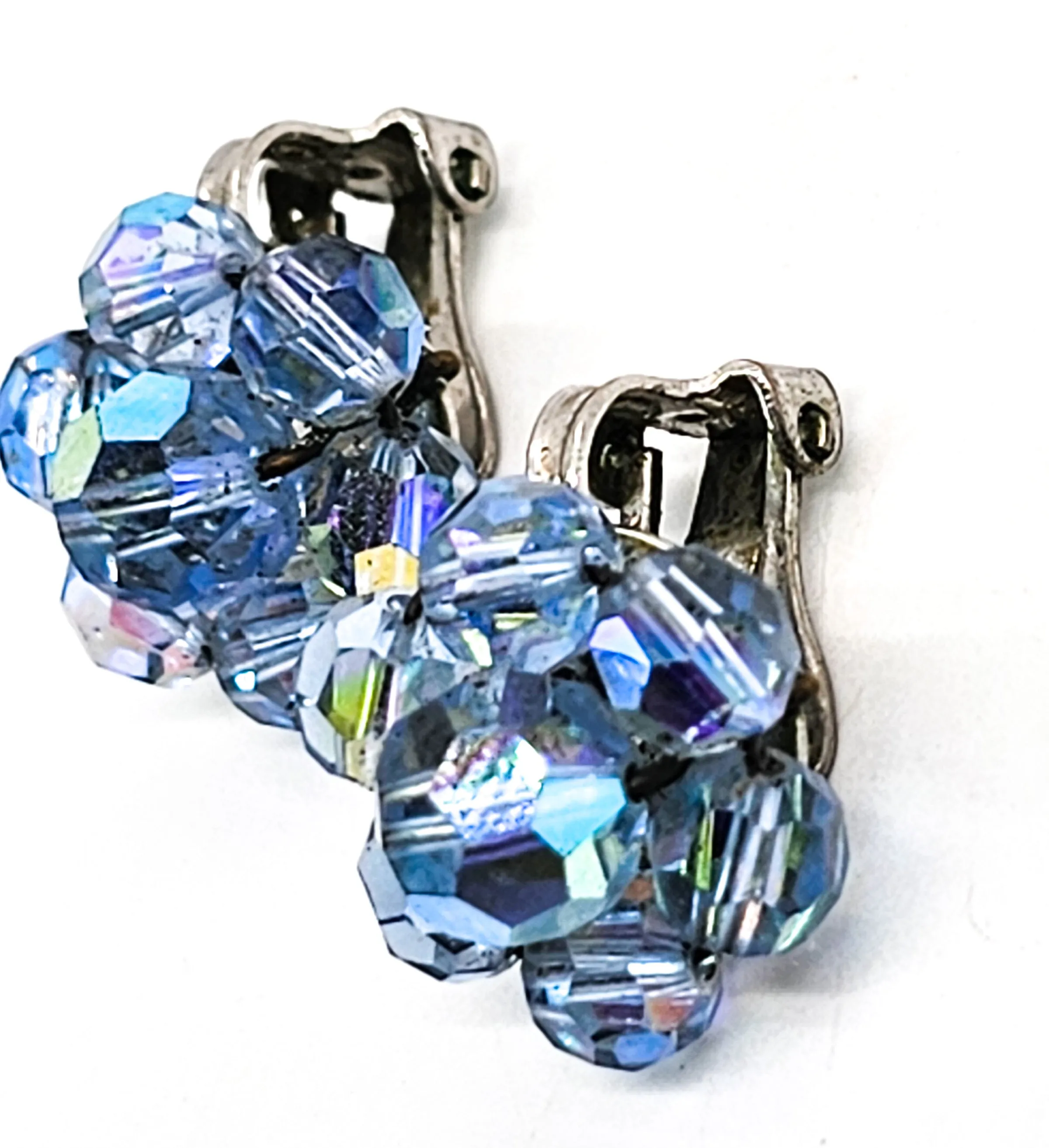 Blue Austrian Crystal Aurora Borealis Beaded vintage clip on earrings