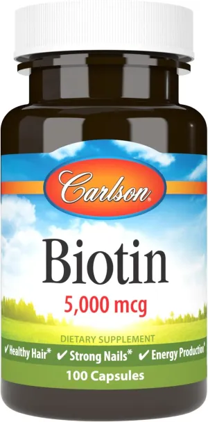 Carlson - Biotin, 5000 mcg, Healthy Hair, Strong Nails & Energy Production, 100 Capsules