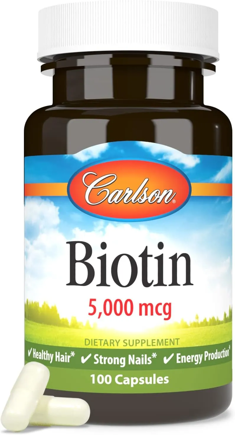 Carlson - Biotin, 5000 mcg, Healthy Hair, Strong Nails & Energy Production, 100 Capsules