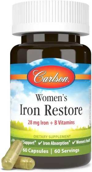 Carlson - Women's Iron Restore, 28 mg Iron   B Vitamins, Menstrual Support, Iron Absorption & Women's Health, 60 Capsules