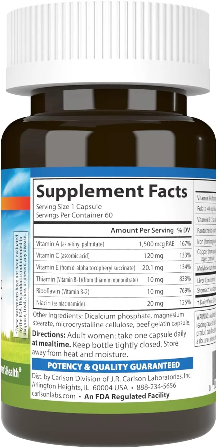 Carlson - Women's Iron Restore, 28 mg Iron   B Vitamins, Menstrual Support, Iron Absorption & Women's Health, 60 Capsules