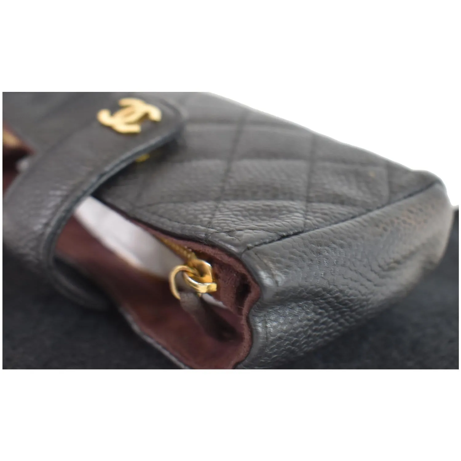 CHANEL Quilted Caviar Leather Mini Phone Holder Clutch Black