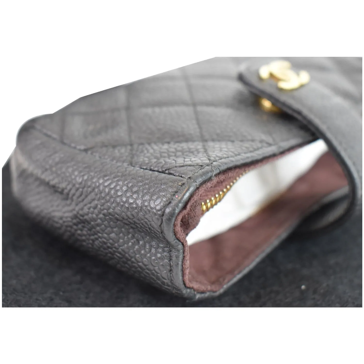 CHANEL Quilted Caviar Leather Mini Phone Holder Clutch Black
