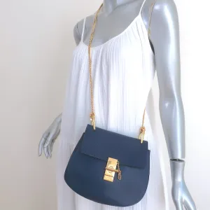 Chloe Drew Chain Strap Crossbody Bag Navy Grained Leather