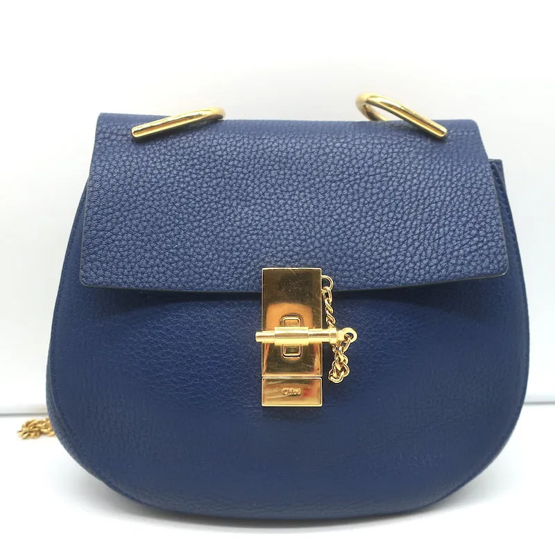 Chloe Drew Chain Strap Crossbody Bag Navy Grained Leather