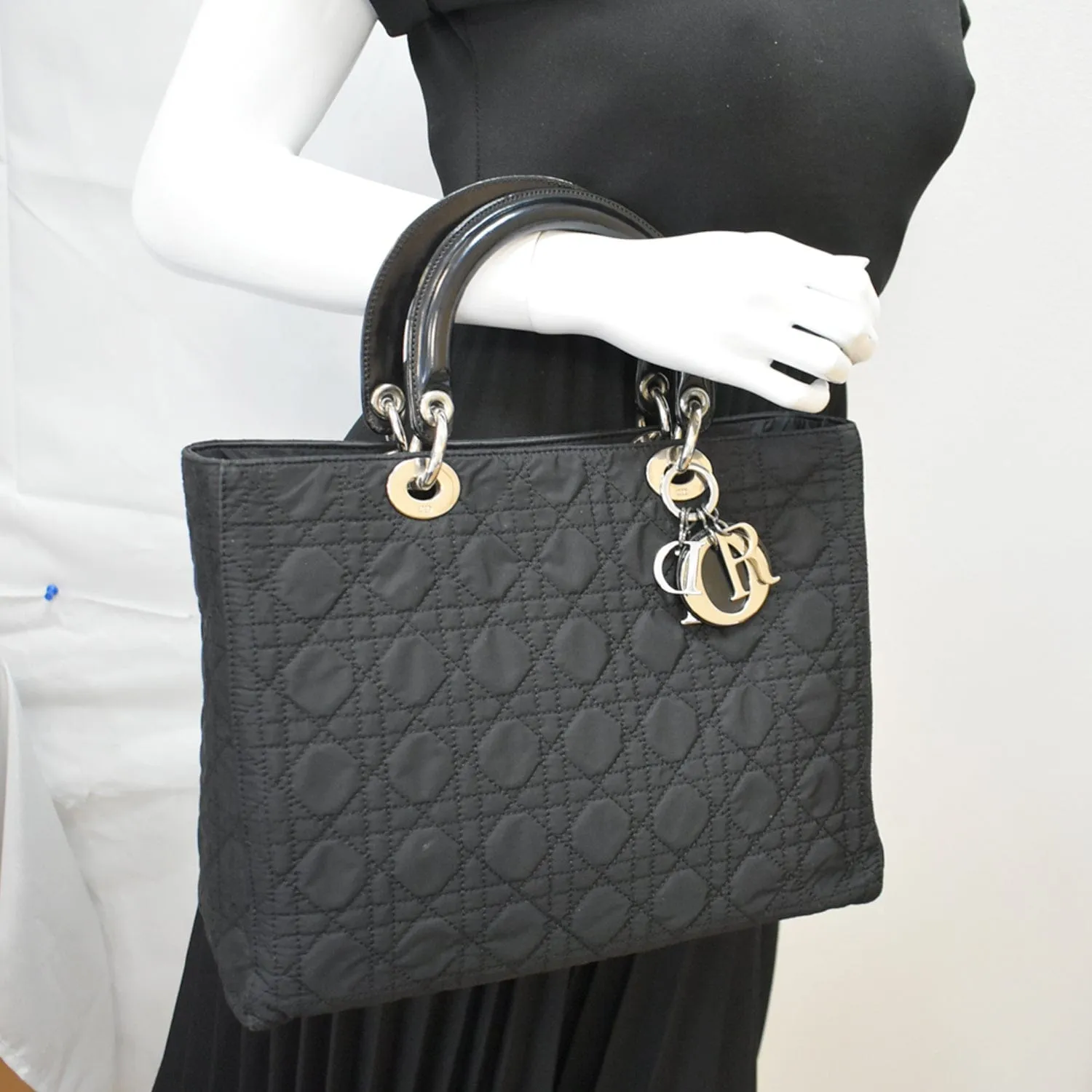 CHRISTIAN DIOR Lady Dior Vintage Nylon Cannage Canvas Tote Bag Black