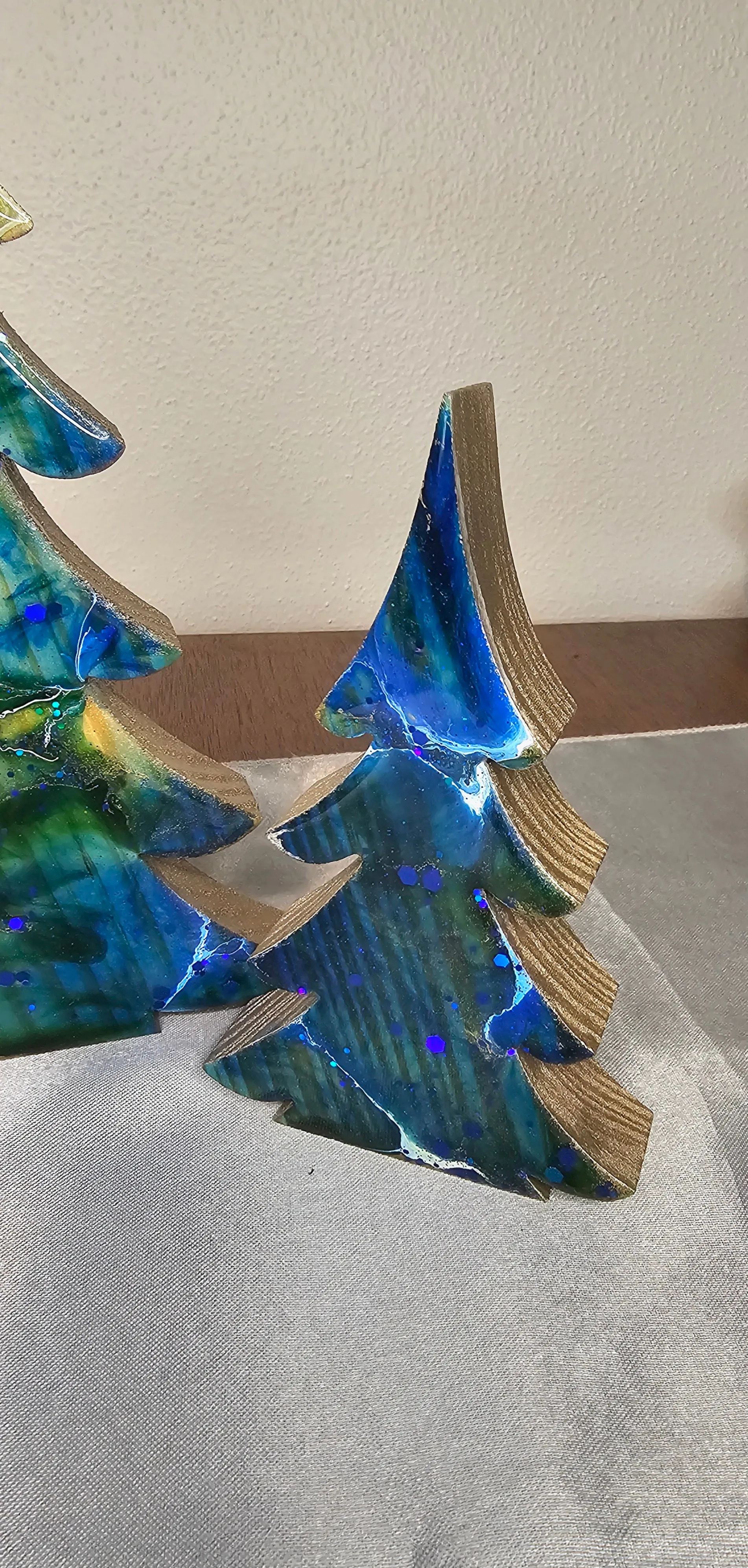 Christmas Trees with Branches Holiday Tabletop Decoration Chunky Wood with Resin Blues with Green Accents Lg or Sm