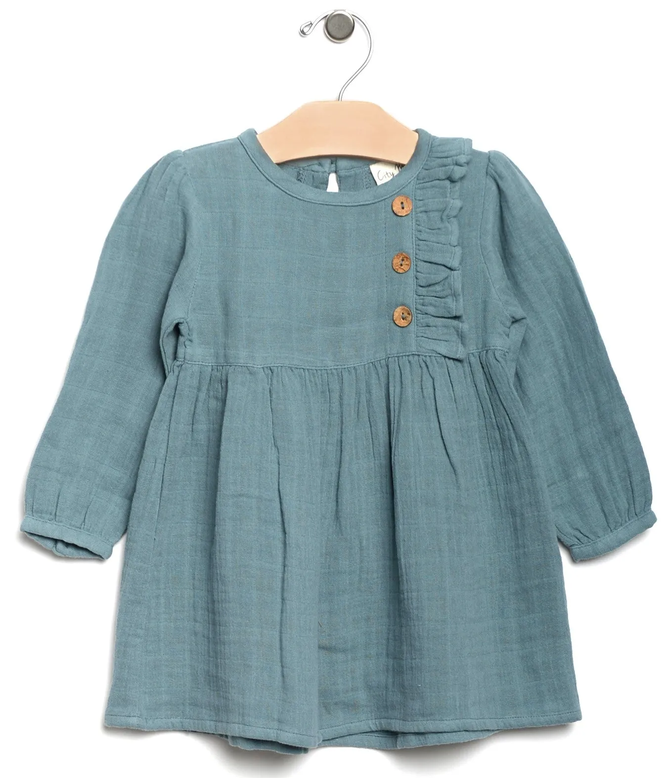 City Mouse Side Button Muslin L/S Dress-Lake