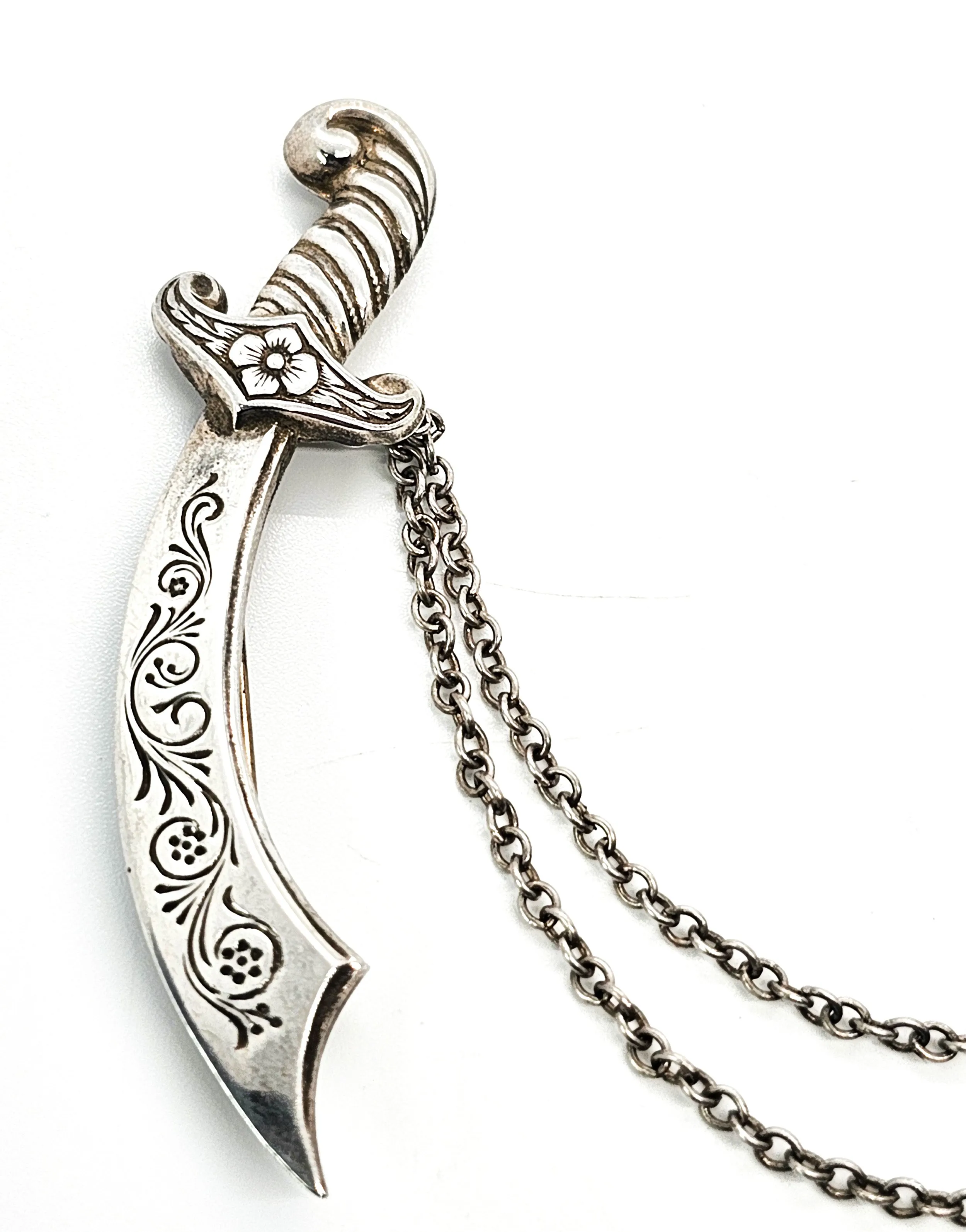Crown And Sword Chatelaine vintage sterling silver collar Brooch