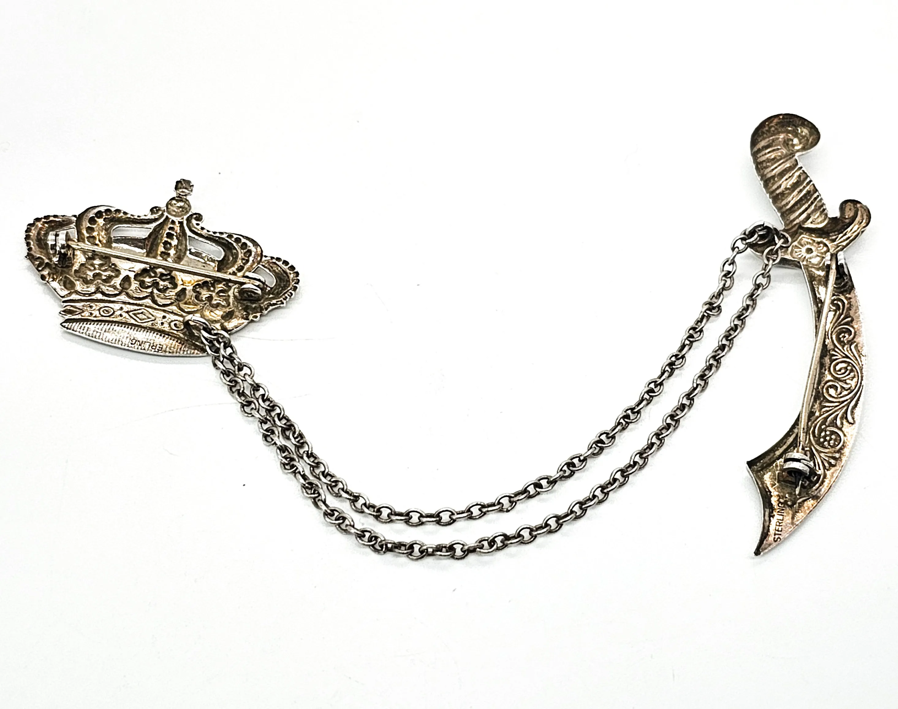 Crown And Sword Chatelaine vintage sterling silver collar Brooch