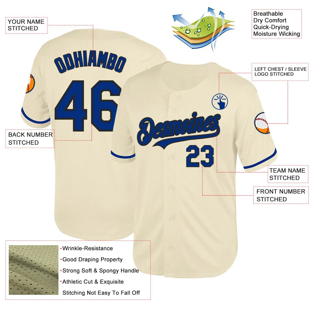 Custom Cream Royal-Black Mesh Authentic Throwback Baseball Jersey