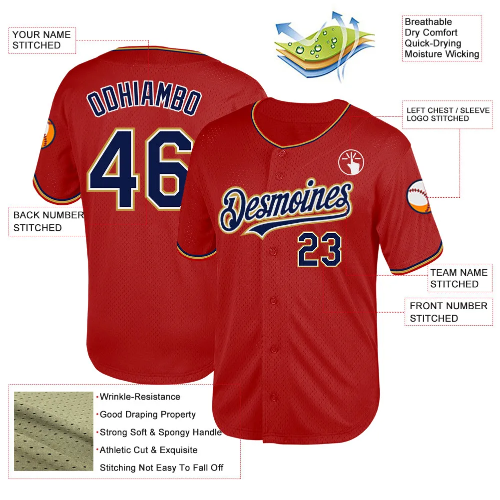 Custom Red Navy-Old Gold Mesh Authentic Throwback Baseball Jersey