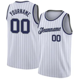 Custom White Navy Pinstripe Navy-Gray Authentic Throwback Basketball Jersey