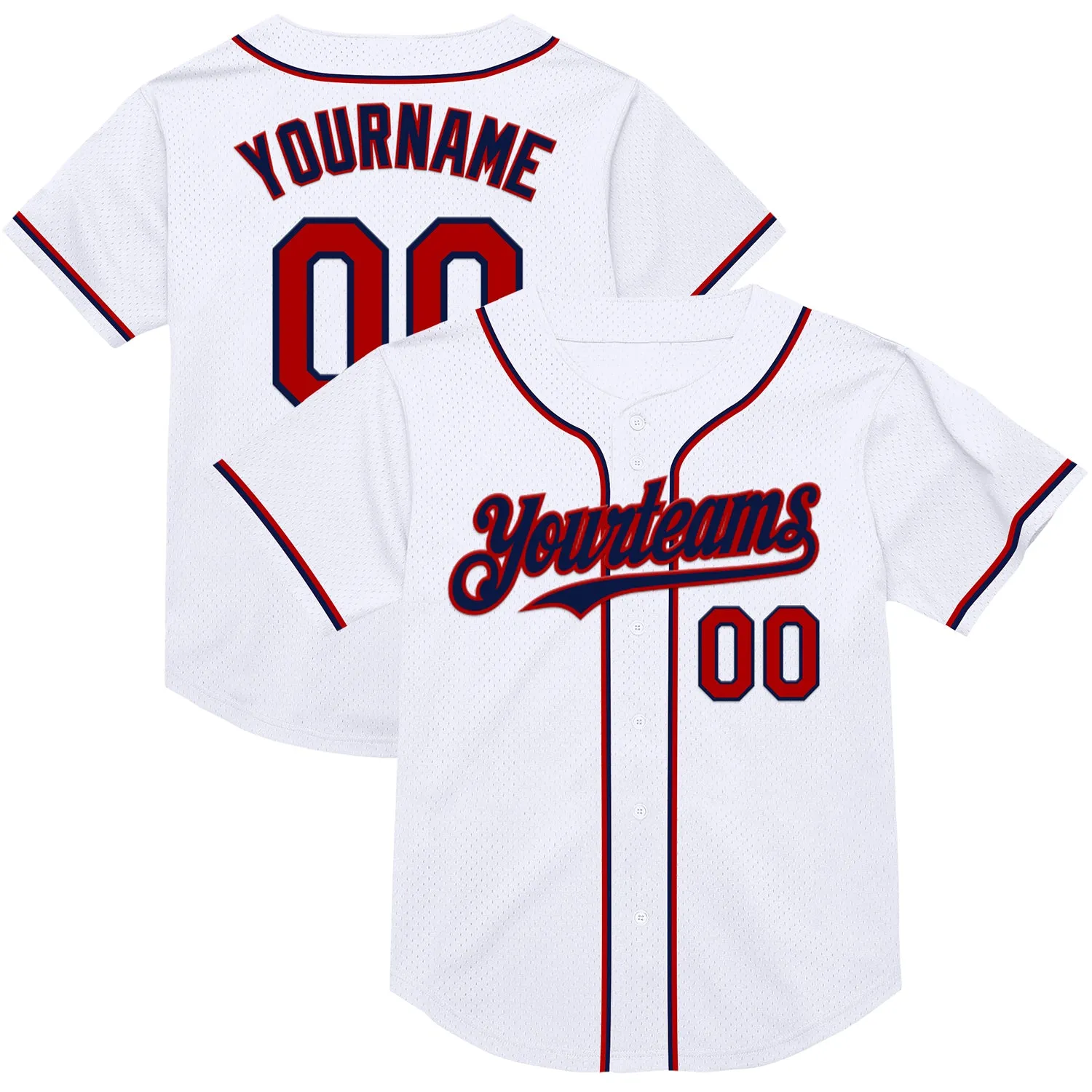 Custom White Red-Navy Mesh Authentic Throwback Baseball Jersey